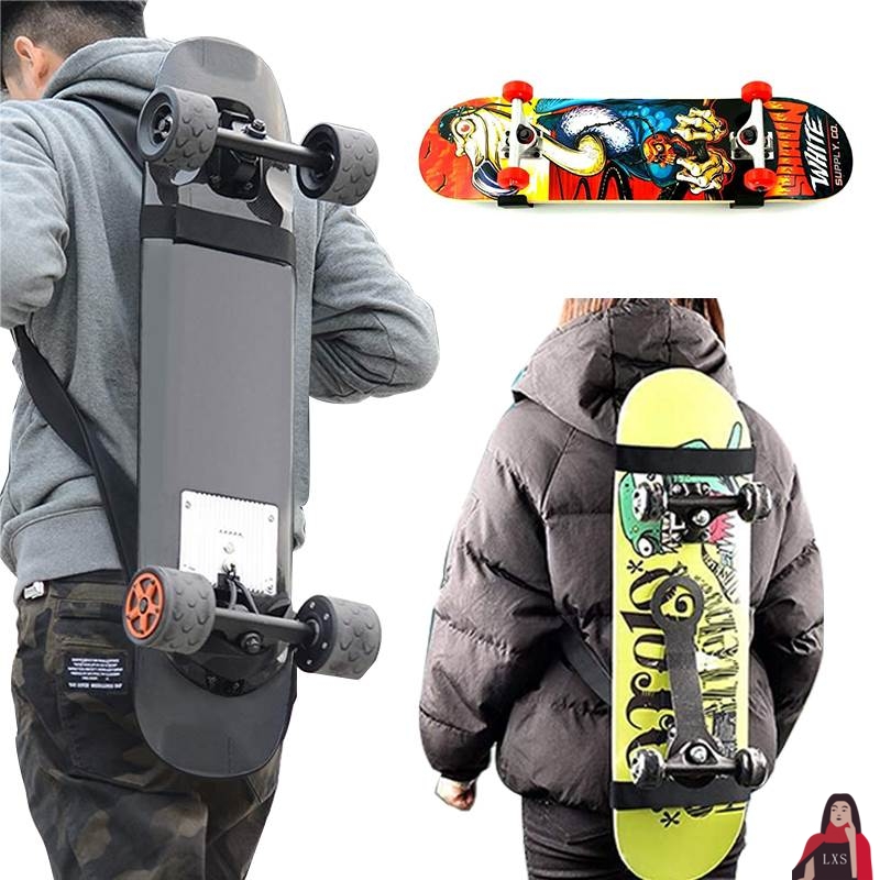 1 skateboard shoulder belt + 2 longboards tied